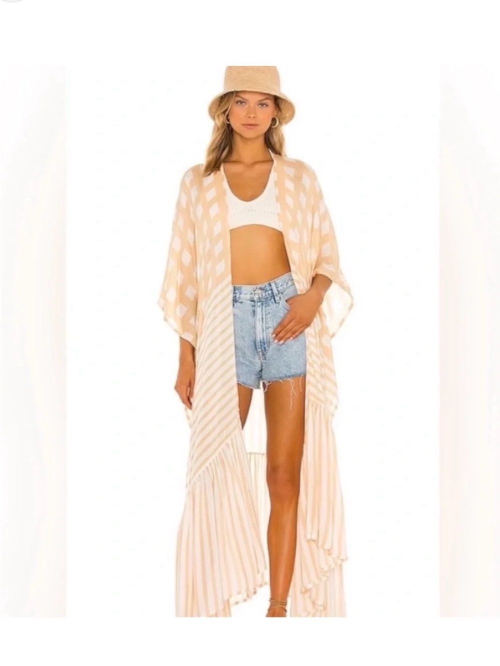 Beige Striped Maxi Kimono Cover-Up
